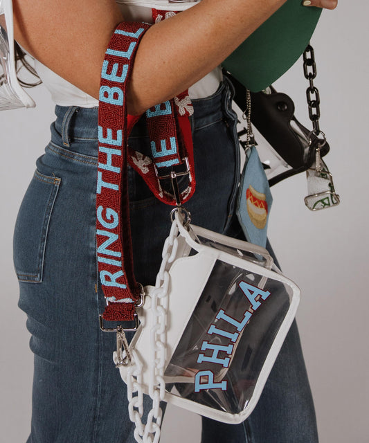 PHILA White Clear Crossbody Bag with RING THE BELL Beaded Strap | Powder Blue & Red