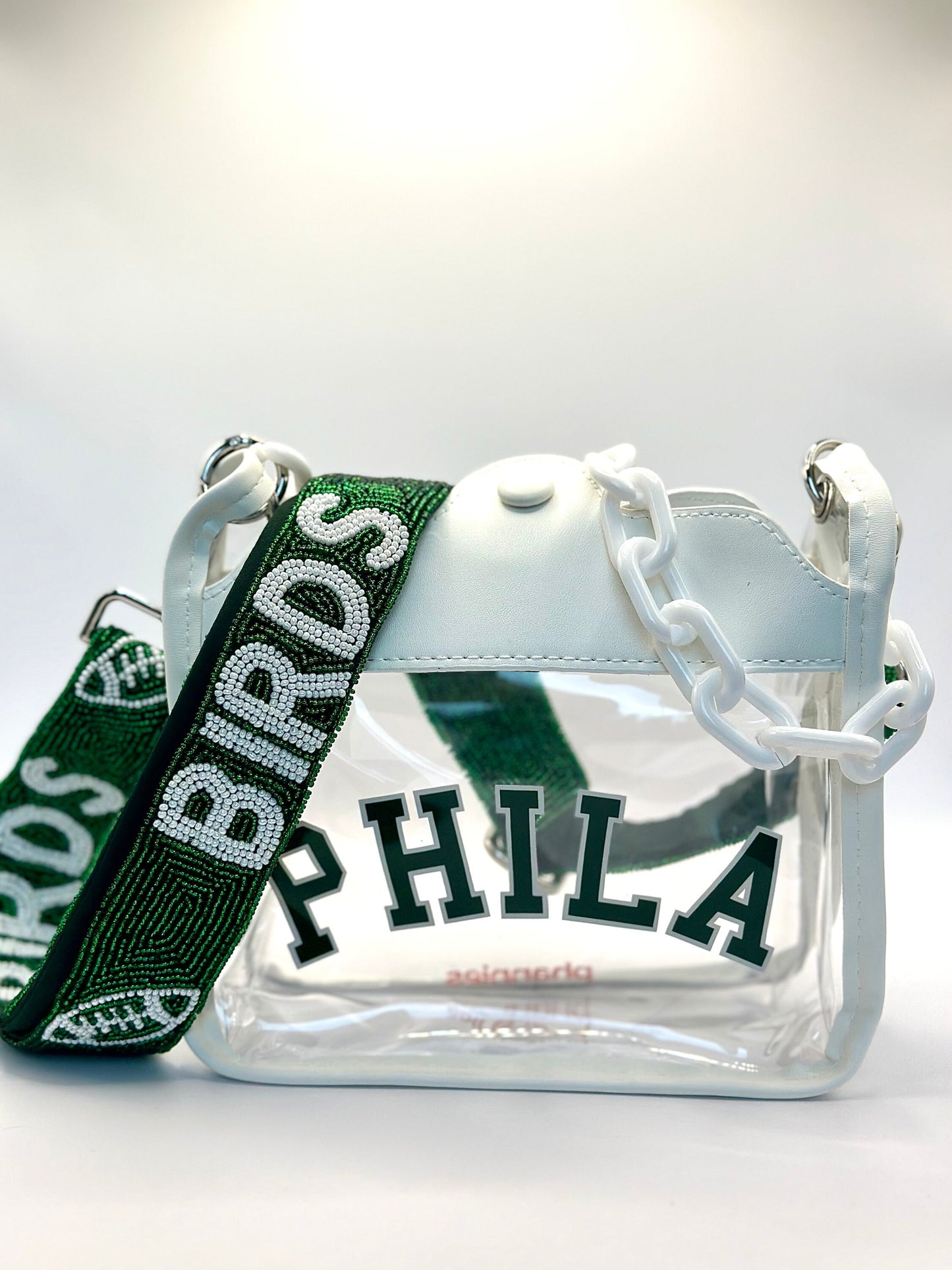 PHILA Clear Crossbody Bag with Green BIRDS Strap