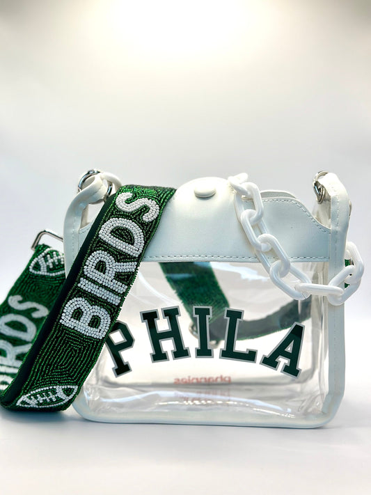 PHILA White Clear Crossbody Bag with BIRDS Beaded Strap | Green & White