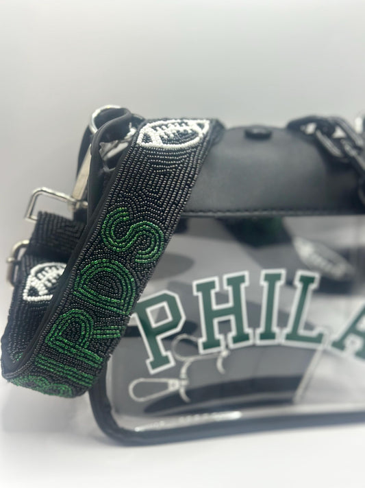 PHILA Black Clear Crossbody Bag with BIRDS Beaded Strap | Green & White