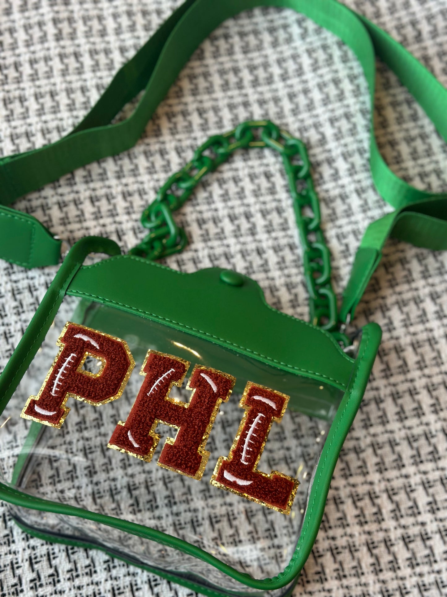 PHL Green Felt Letter Clear Crossbody Bag