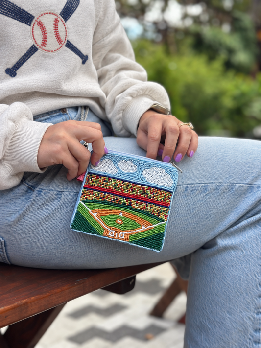 Baseball Stadium beaded coin purse styled with baseball sweatshirt