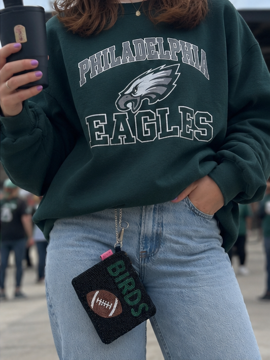 Black BIRDS beaded coin purse styled with green football crewneck