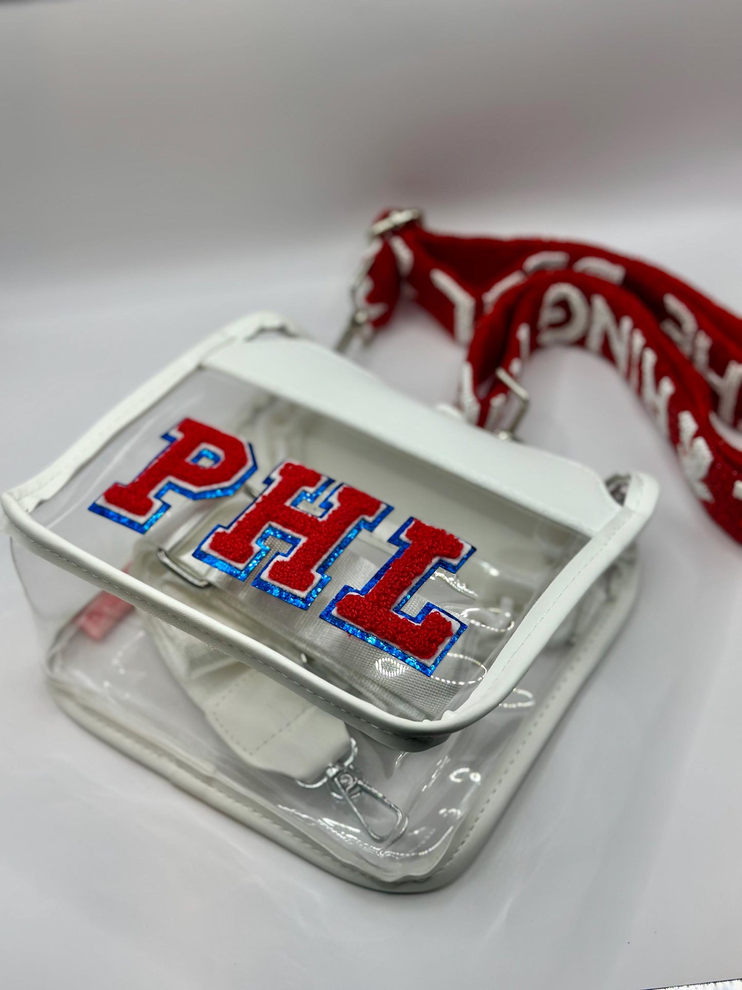 White PHL Stadium Approved Bag | Red & Blue + Ring the Bell Beaded Strap | Red & White