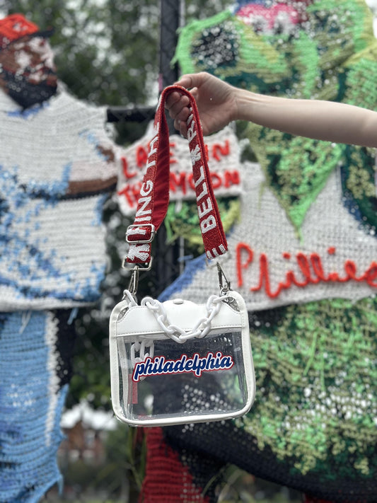 philadelphia White Clear Crossbody Bag with RING THE BELL Beaded Strap | Red