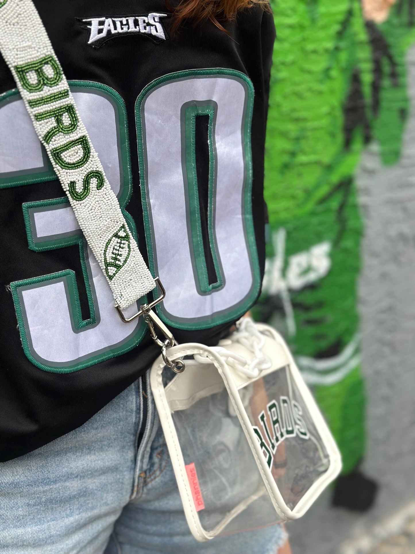 BIRDS Clear Crossbody Bag - White | Green & White | White BIRDS Beaded Strap