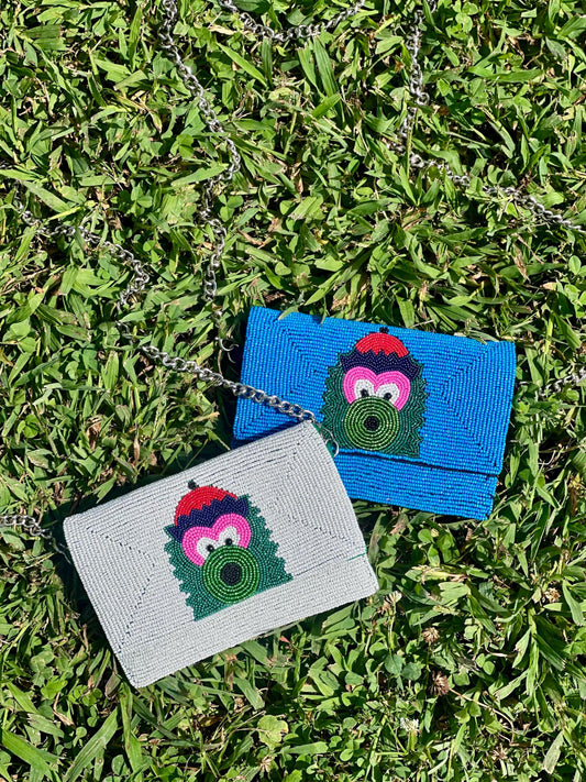 STADIUM-APPROVED- Philadelphia Baseball Blue Beaded Clutch with Shoulder Chain- Straight across flap