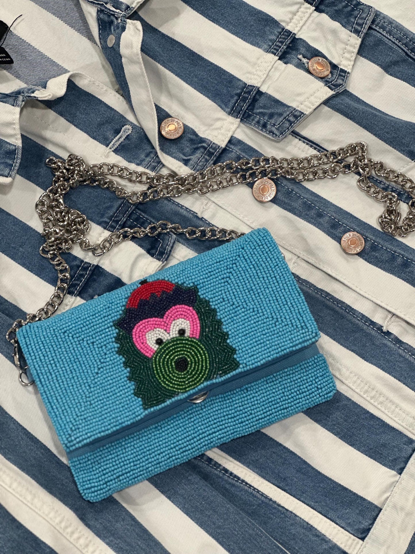 STADIUM-APPROVED- Philadelphia Baseball Light Blye Beaded Clutch with Shoulder Chain- Straight across flap