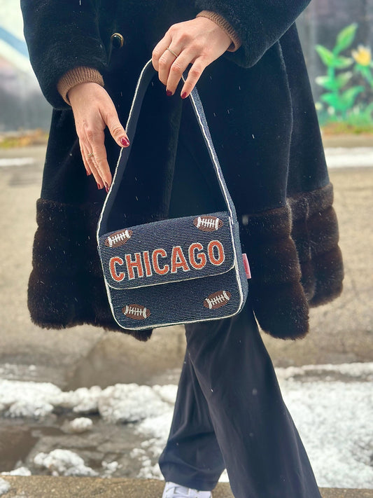 Chicago Football Navy "CHICAGO" Beaded Shoulder Bag – Handmade Shoulder Bag | Game Day Fashion | NOT Stadium Approved