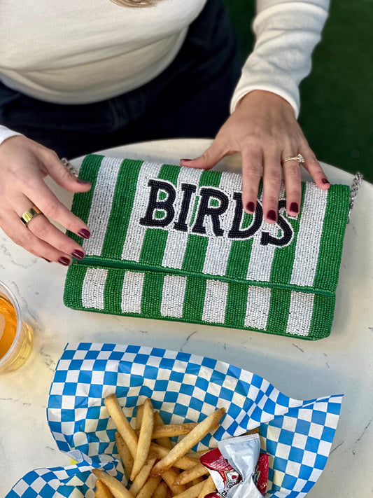 Beaded BIRDS Clutch | Green & White Stripe, Philly Game Day Fashion
