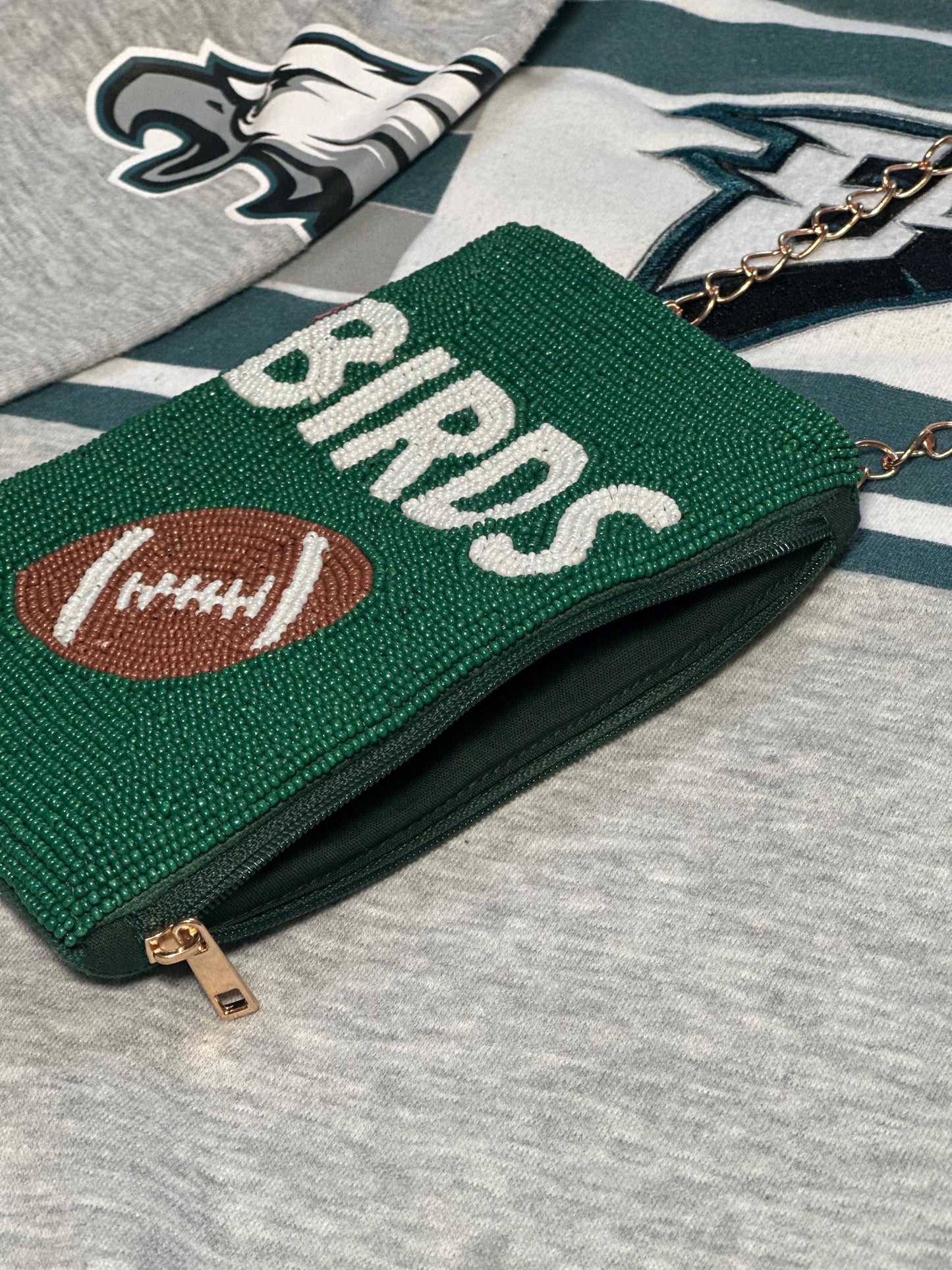 Philadelphia Football Green "BIRDS" Beaded Phone Crossbody – Handmade Crossbody Bag | Game Day Fashion | Stadium Approved