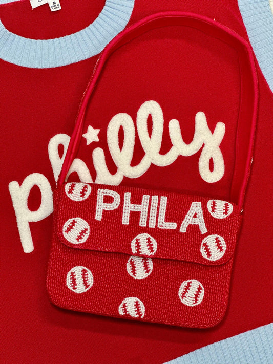 PHILA Red and White Baseball Beaded Shoulder Bag – Handmade Shoulder Bag | Game Day Fashion | NOT Stadium Approved