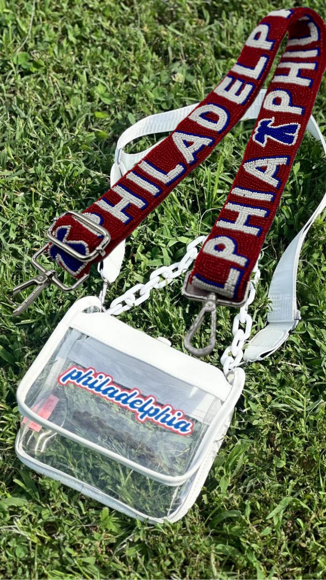 philadelphia clear bag with PHILADELPHIA Red, White and Blue beaded strap