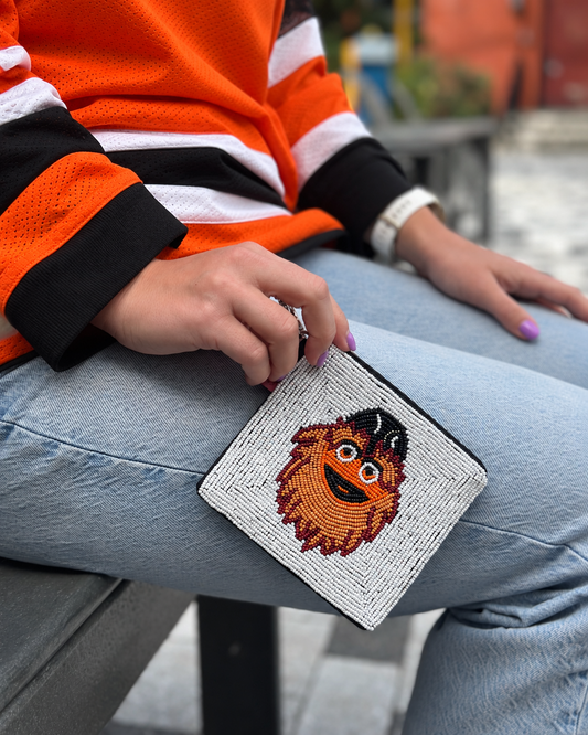 Philadelphia hockey mascot beaded coin purse styled with orange hockey jersey