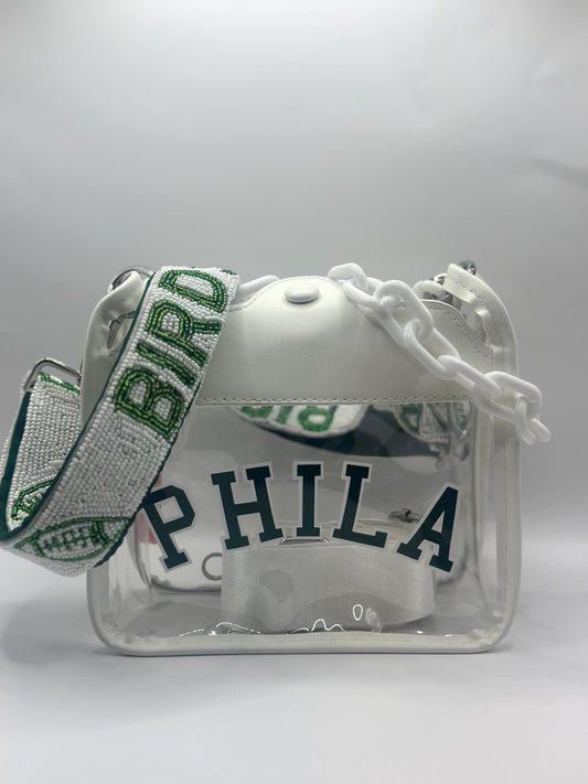 White Phila Stadium Approved Bag  | Green & White + Birds Beaded Strap | White & Green