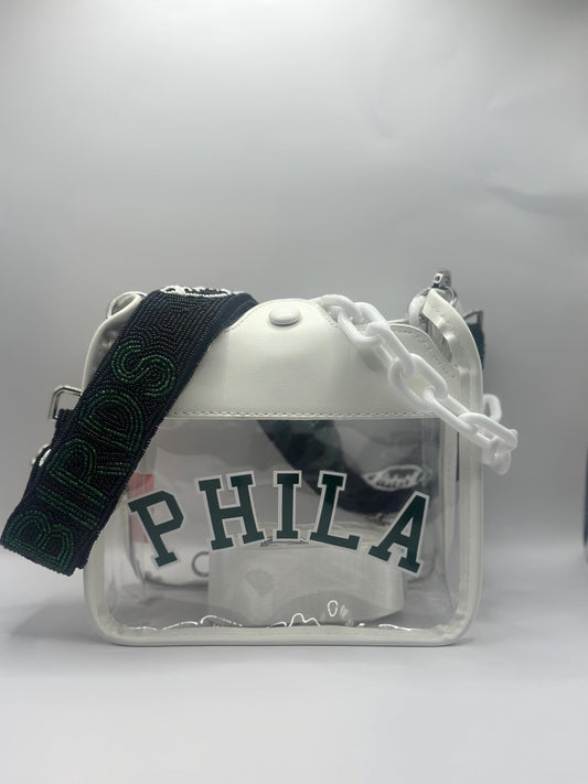 White Birds Stadium Approved  Bag  | Green & White + Birds Beaded Strap | Black, Green & White