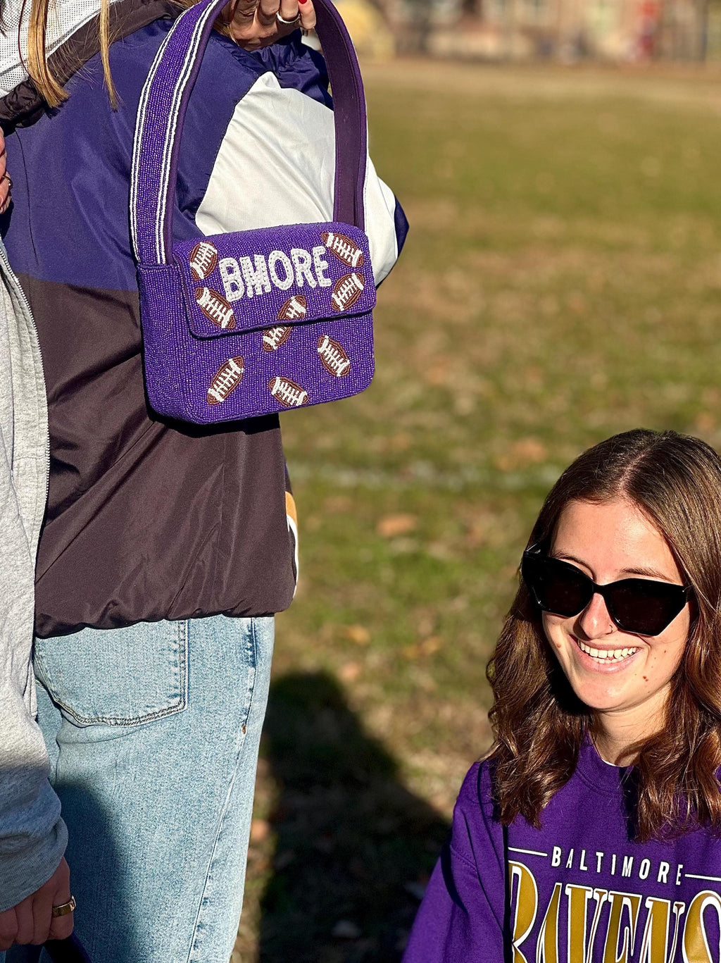 *PRE-ORDER* Baltimore Football | Purple & White 'BMORE' Beaded Bag- Variation 1 of 3