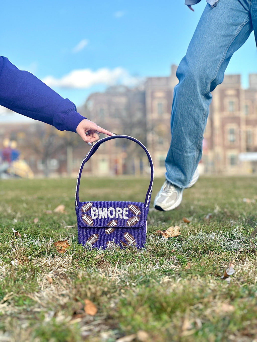 *PRE-ORDER* Baltimore Football | Purple & White 'BMORE' Beaded Bag- Variation 1 of 3