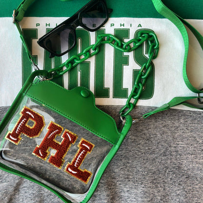 PHL Green Felt Letter Clear Crossbody Bag