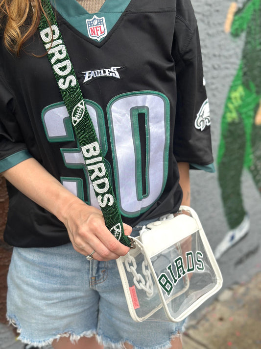 BIRDS Clear Crossbody Bag - White | Green & White | Green BIRDS Beaded Strap