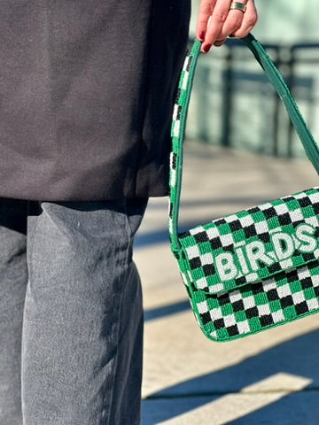 BIRDS Beaded Shoulder Bag | Green, Black & White Checkered