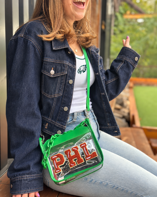 PHL Green Felt Letter Clear Crossbody Bag