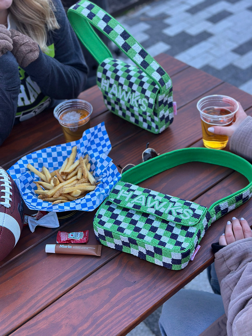 *PRE-ORDER* Seattle Football | Green & Blue Checkered 'HAWKS' Beaded Bag
