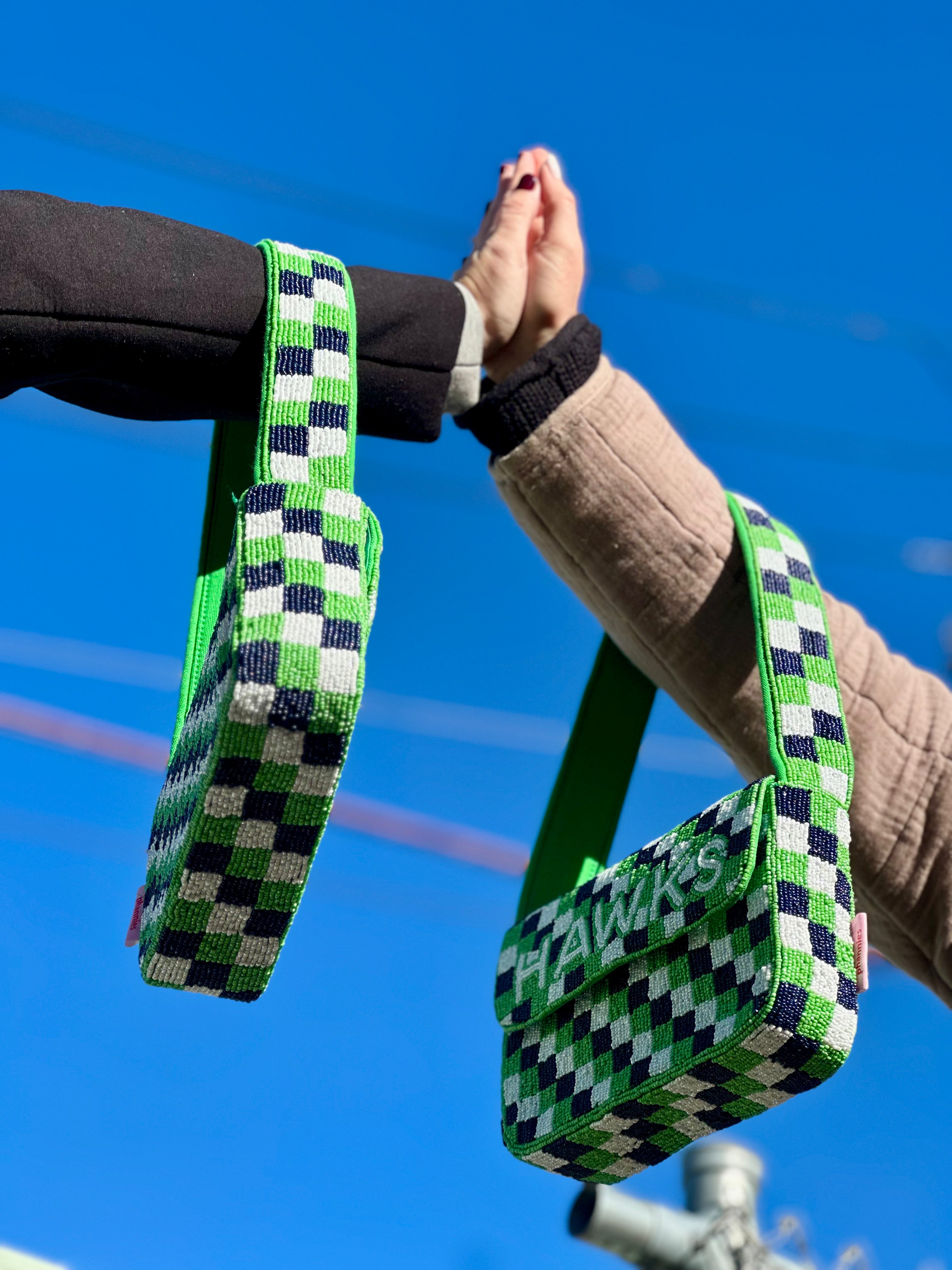 *PRE-ORDER* Seattle Football | Green & Blue Checkered 'HAWKS' Beaded Bag