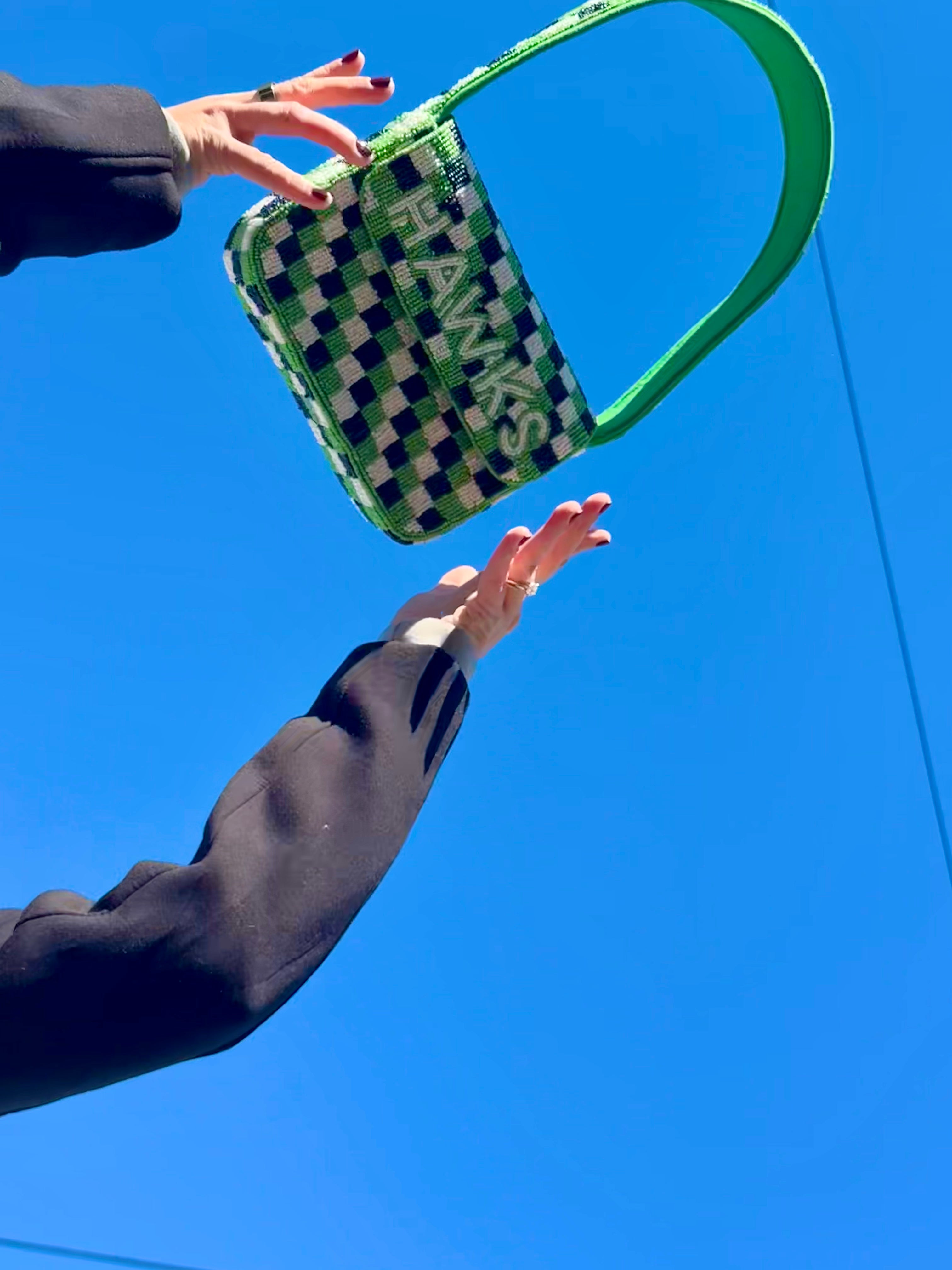 *PRE-ORDER* Seattle Football | Green & Blue Checkered 'HAWKS' Beaded Bag