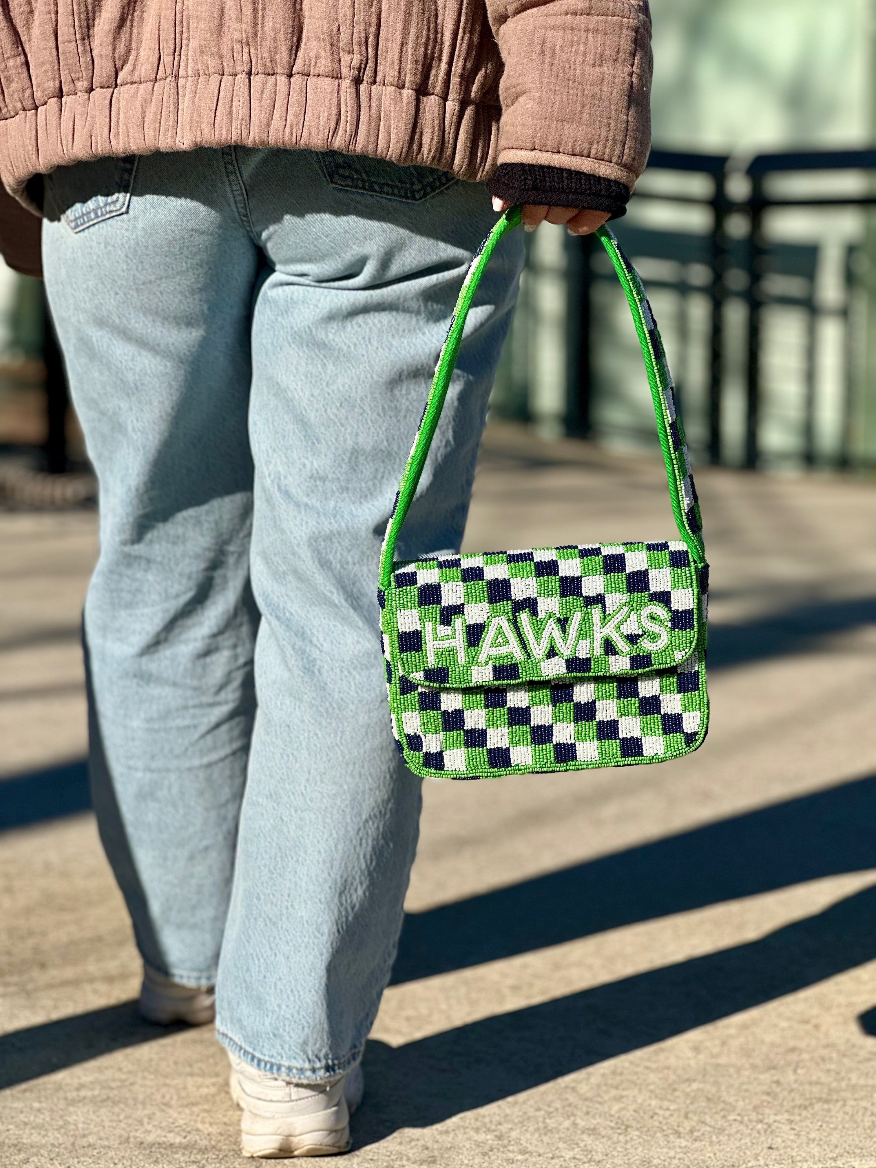 *PRE-ORDER* Seattle Football | Green & Blue Checkered 'HAWKS' Beaded Bag