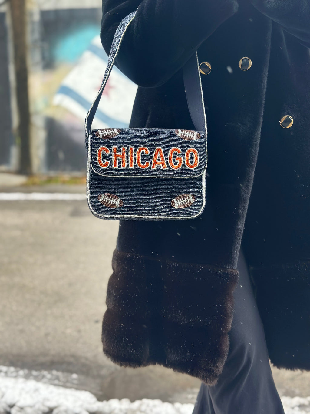 *PRE-ORDER* Chicago Football | Blue & Orange 'CHICAGO' Beaded Bag- Variation 1 of 2