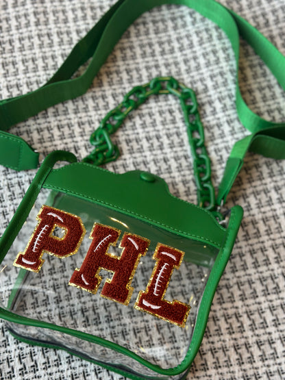 PHL Green Felt Letter Clear Crossbody Bag