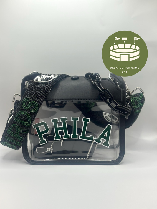 PHILA Clear Crossbody Bag | Stadium Approved with Black BIRDS Strap