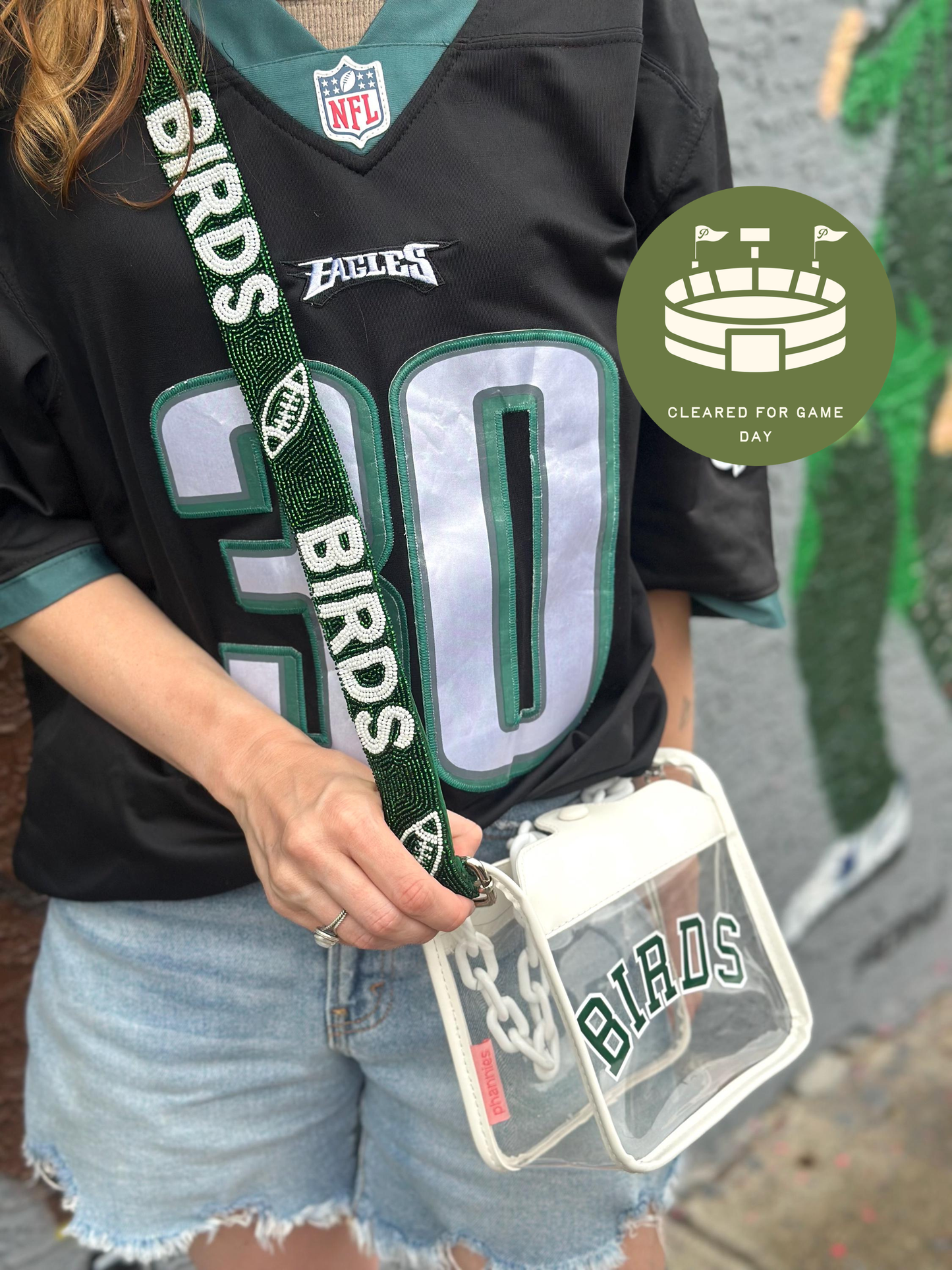BIRDS Clear Crossbody Bag | Stadium Approved with Green BIRDS Strap
