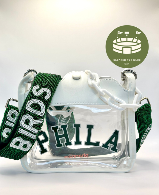 PHILA Clear Crossbody Bag | Stadium Approved with Green BIRDS Strap