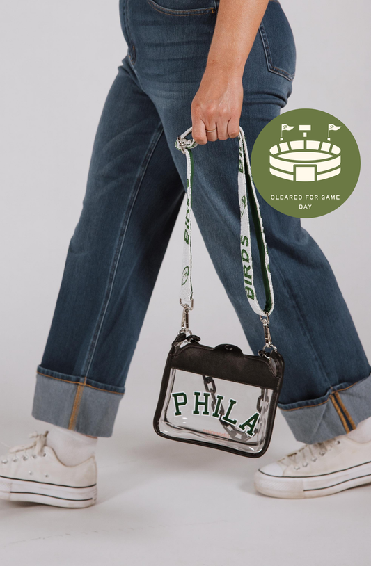 PHILA Clear Crossbody Bag | Stadium Approved with White BIRDS Strap