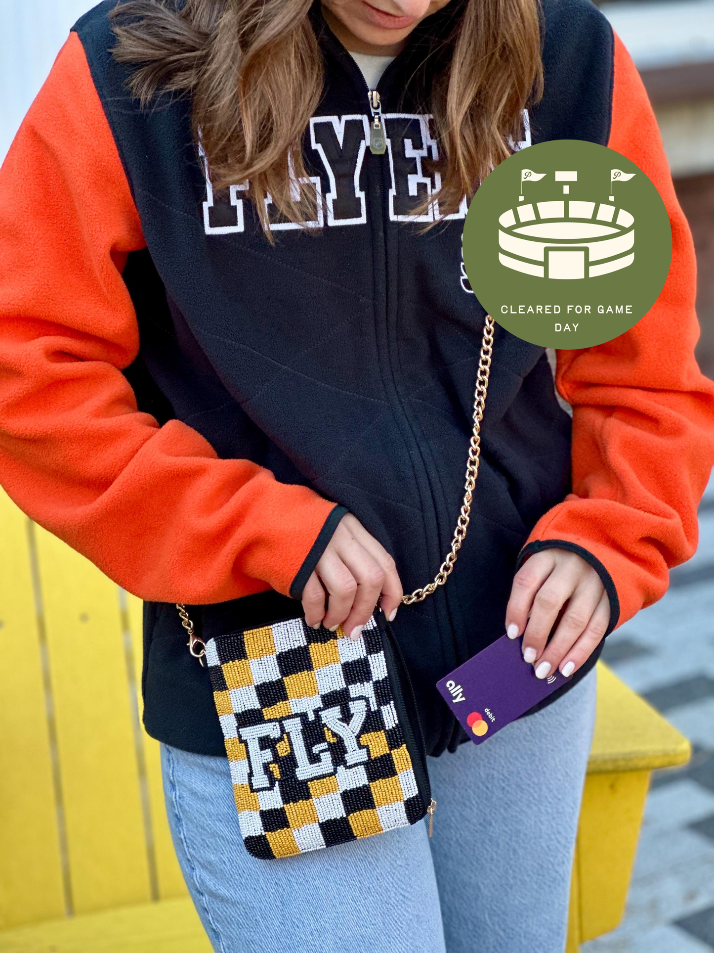FLY Checkered Beaded Cell Phone Crossbody