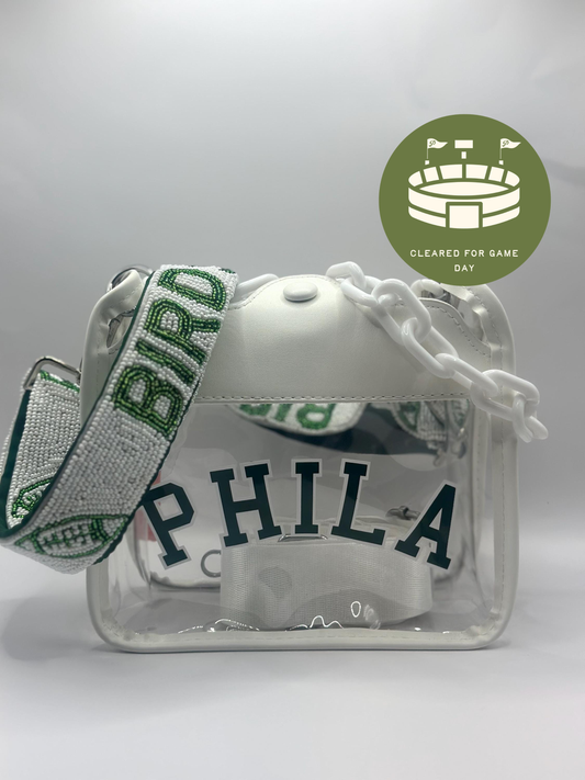 PHILA Clear Crossbody Bag | Stadium Approved with White BIRDS Strap