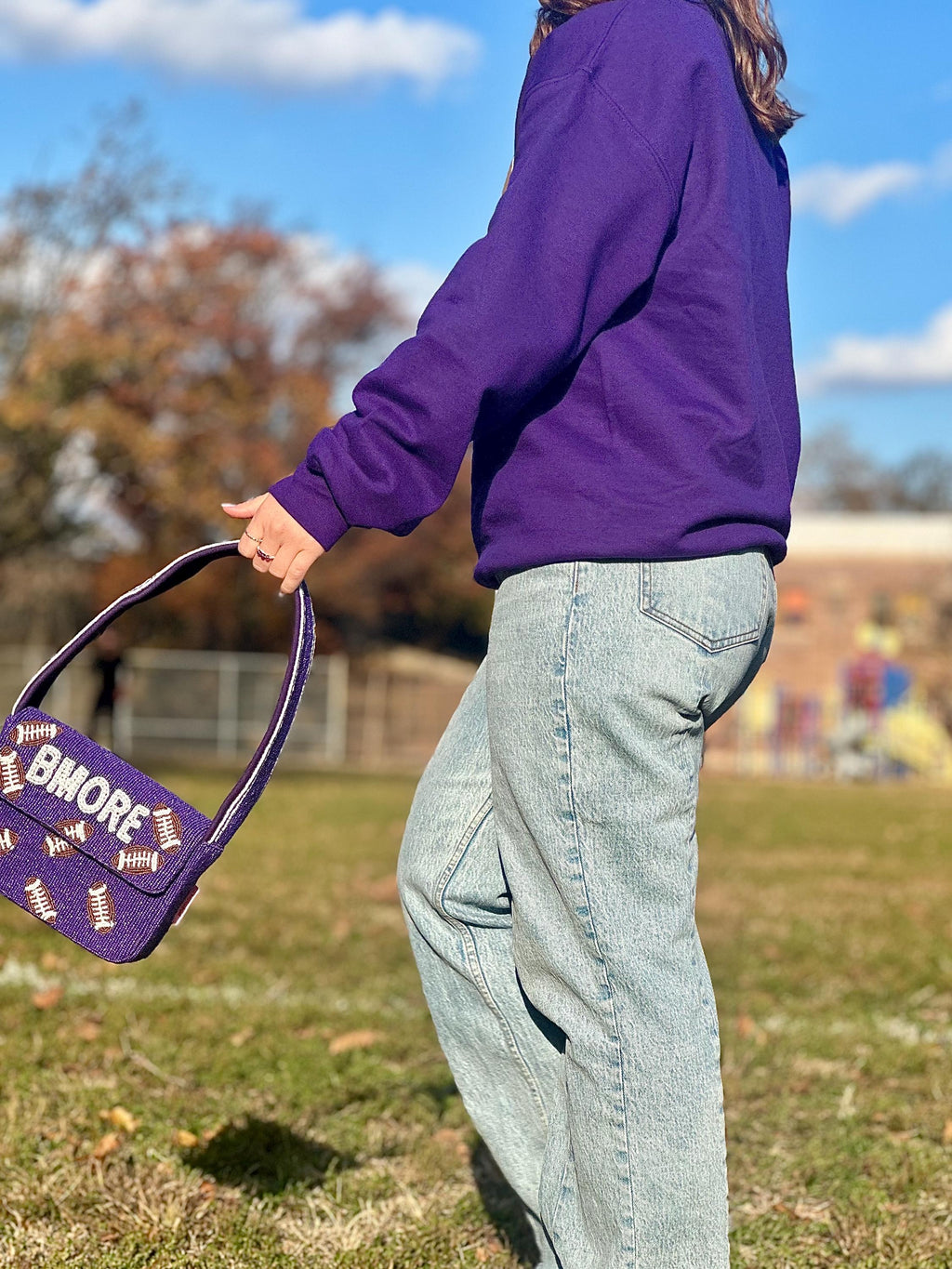 *PRE-ORDER* Baltimore Football | Purple & White 'BMORE' Beaded Bag- Variation 1 of 3