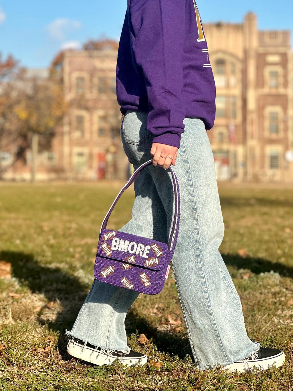 *PRE-ORDER* Baltimore Football | Purple & White 'BMORE' Beaded Bag- Variation 1 of 3