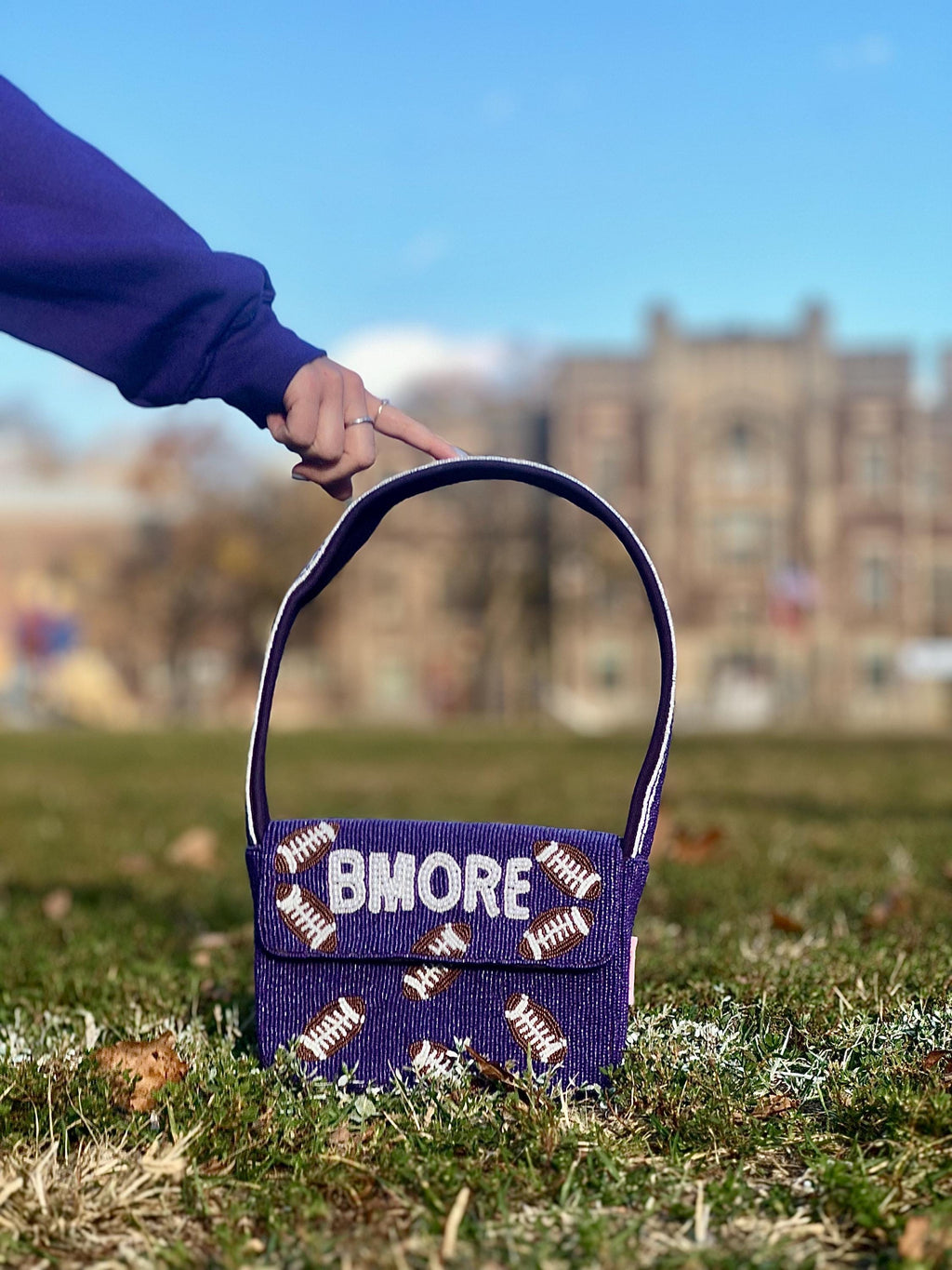 *PRE-ORDER* Baltimore Football | Purple & White 'BMORE' Beaded Bag- Variation 1 of 3