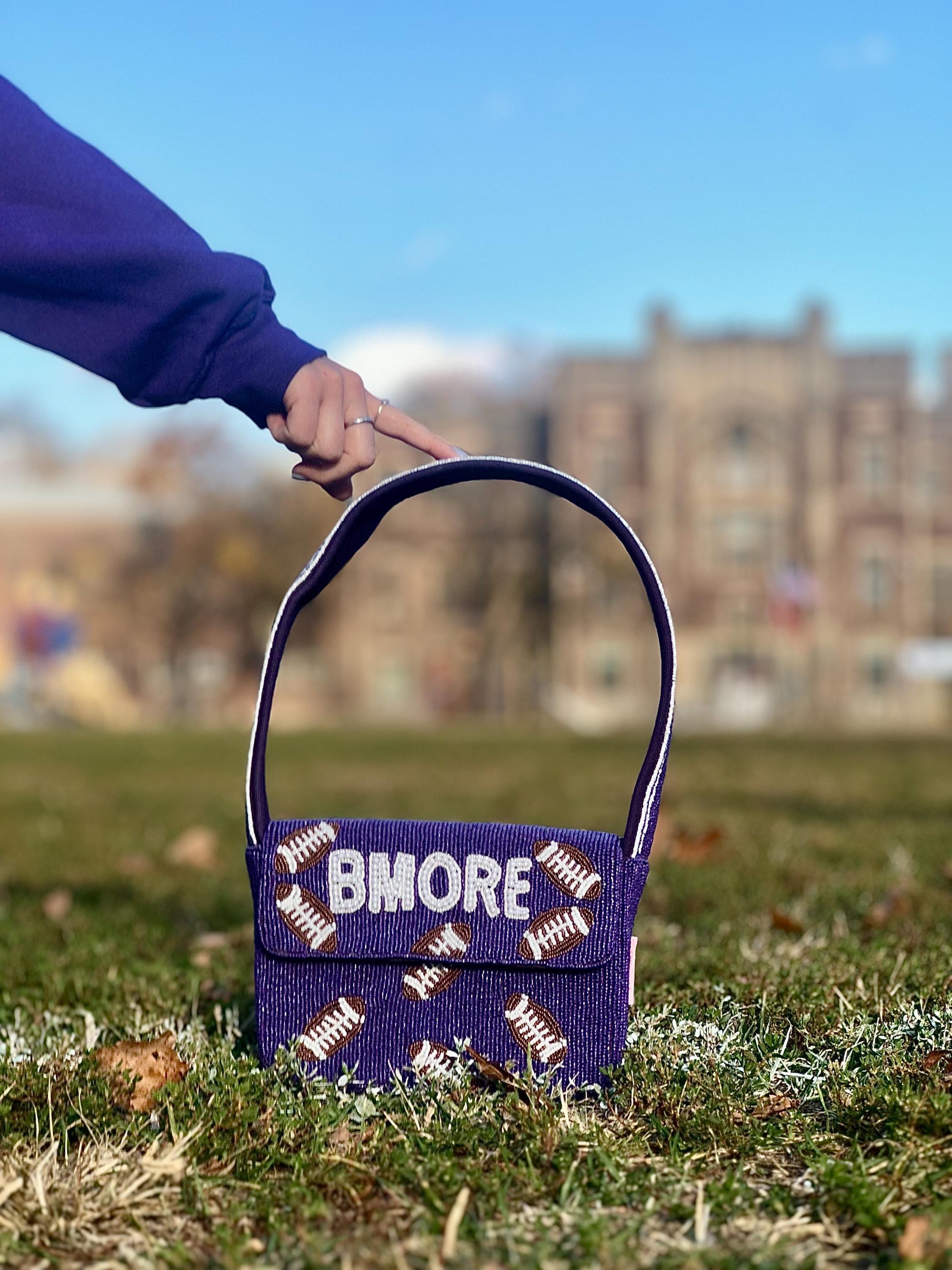 *PRE-ORDER* Baltimore Football | Purple & White 'BMORE' Beaded Bag- Variation 1 of 3