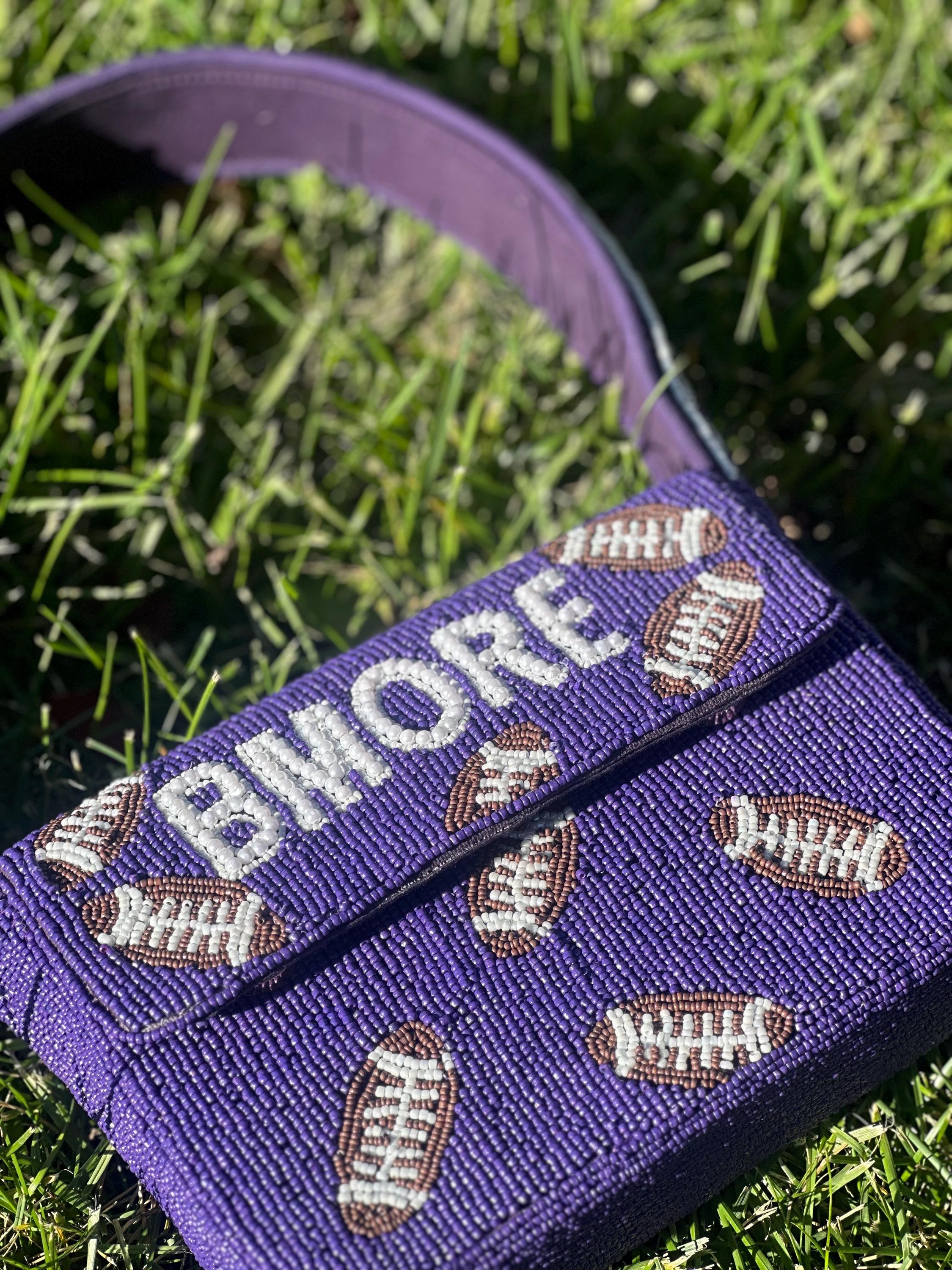 *PRE-ORDER* Baltimore Football | Purple & White 'BMORE' Beaded Bag- Variation 1 of 3
