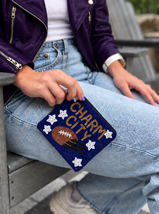 CHARM CITY beaded coin purse styled with purple leather jacket