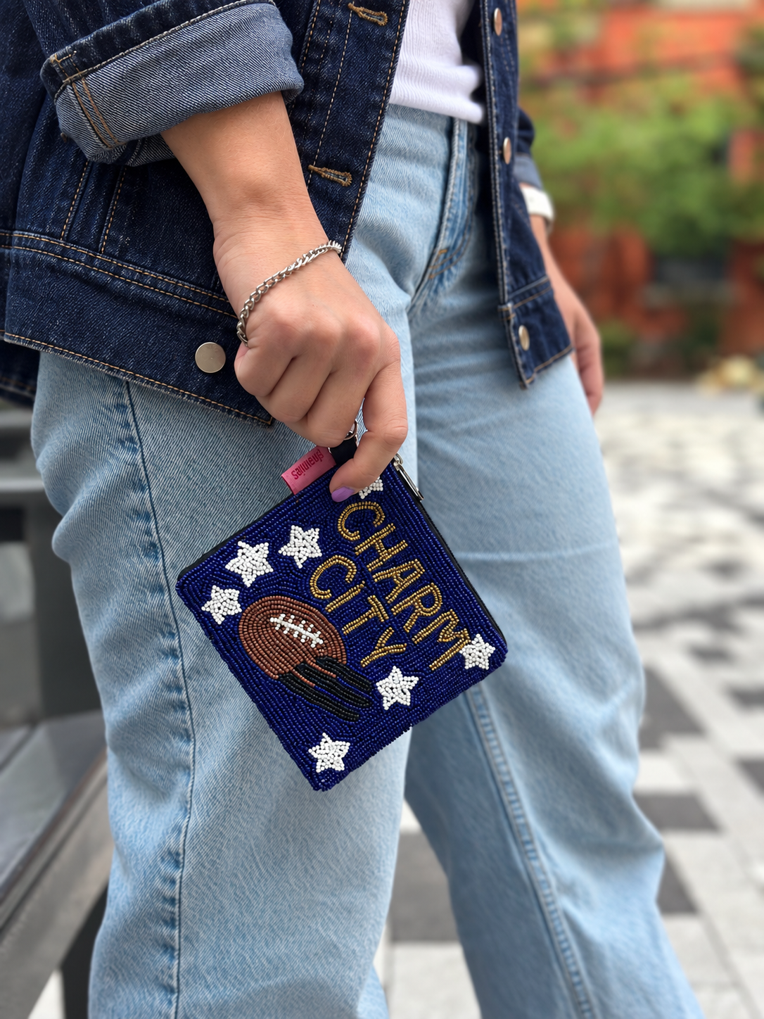 CHARM CITY beaded coin purse styled with denim jacket