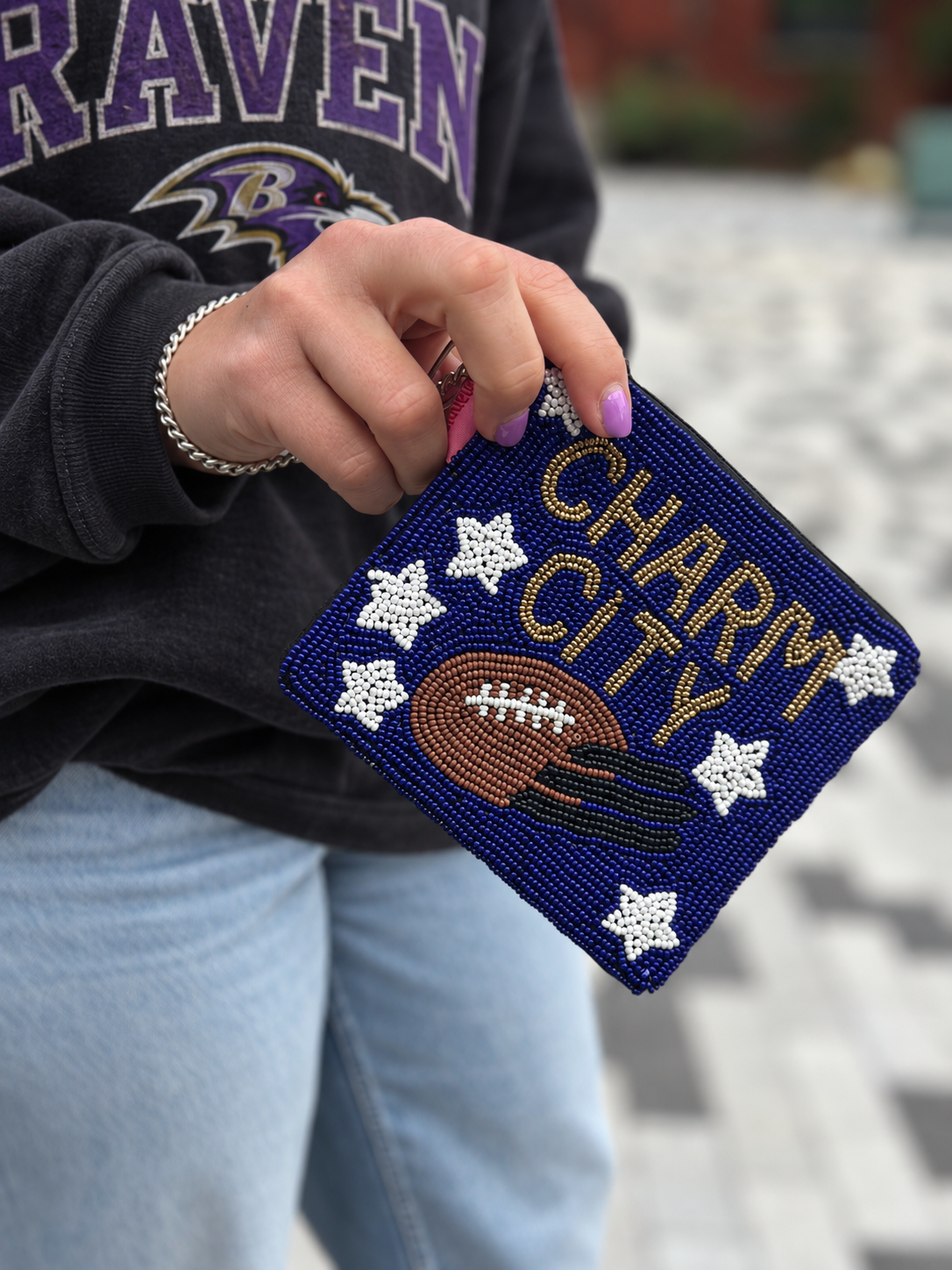 CHARM CITY beaded coin purse styled with Baltimore football sweatshirt