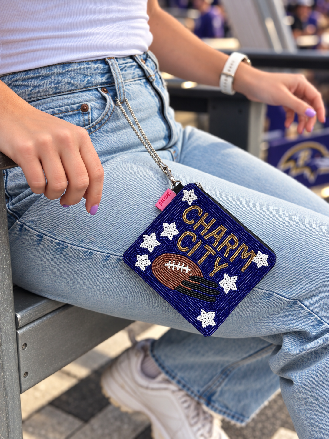 CHARM CITY beaded coin purse clipped to jeans at football game