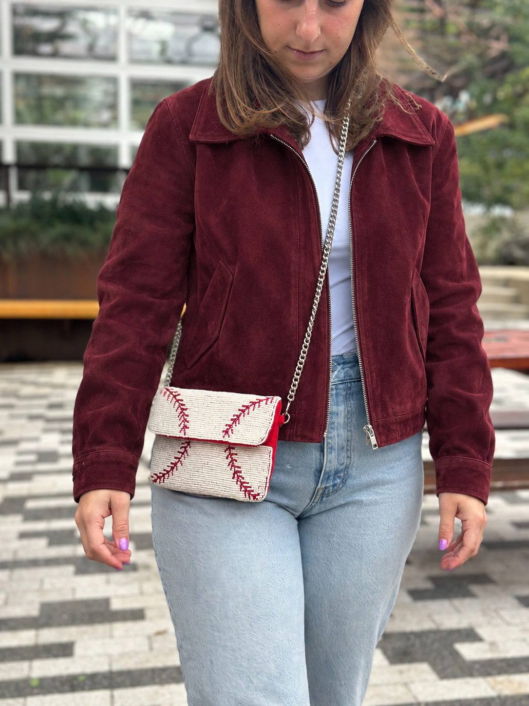 White and red baseball stitch beaded clutch styled crossbody