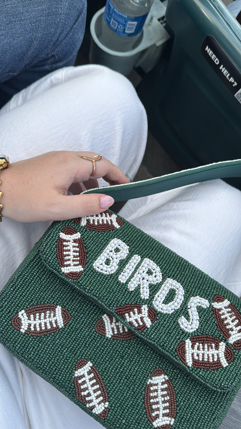 BIRDS beaded football shoulder bag at a game