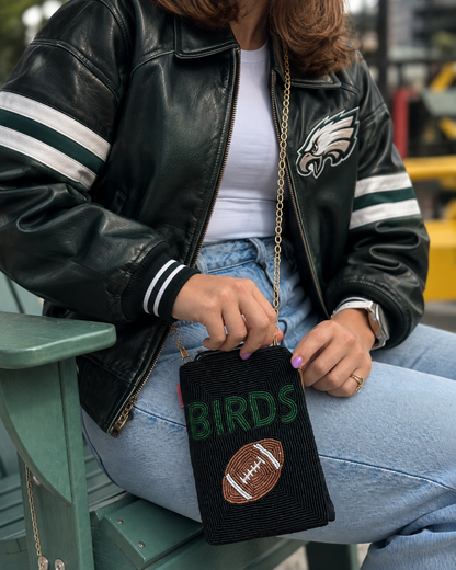 BIRDS black beaded cell phone crossbody styled for Philadelphia football game day